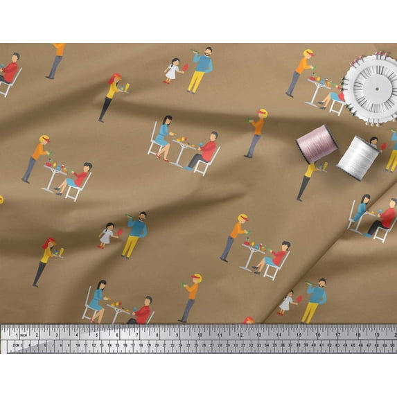 Soimoi Crepe Silk Fabric Girl & Waiter Men Fabric Prints By Yard 42 Inch Wide