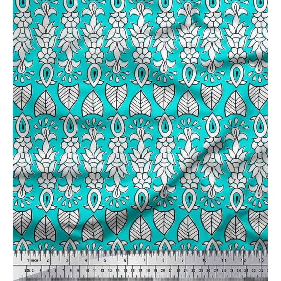 Soimoi Crepe Silk Fabric Leaves & Floral Block Decor Fabric Printed Yard 42 Inch Wide