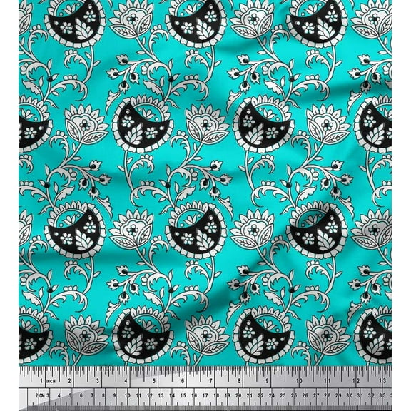 Soimoi Crepe Silk Fabric Leaves & Floral Block Print Fabric by The Yard 42 Inch Wide