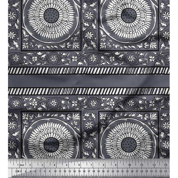 Soimoi Crepe Silk Fabric Leaves & Floral Block Print Fabric by The Yard 42 Inch Wide