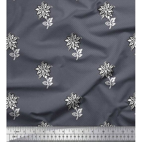 Soimoi Crepe Silk Fabric Leaves & Floral Block Printed Fabric 1 Yard 42 Inch Wide