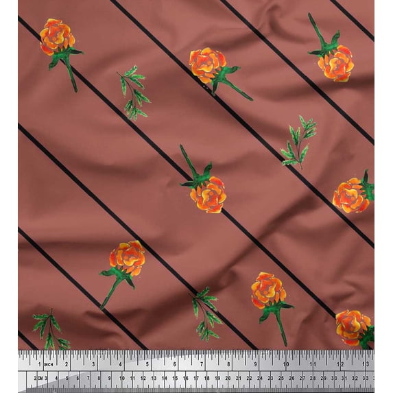 Soimoi Crepe Silk Fabric Leaves,Floral & Diagonal Stripe Print Fabric by The Yard 42 Inch Wide