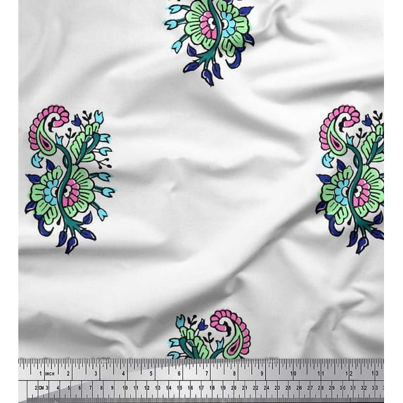 Soimoi Crepe Silk Fabric Leaves,Floral & Paisley Block Print Fabric by Yard 42 Inch Wide