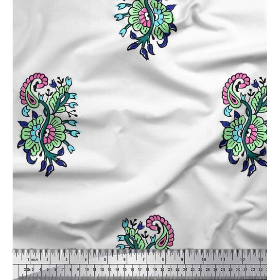 Soimoi Crepe Silk Fabric Leaves,Floral & Paisley Block Print Fabric by Yard 42 Inch Wide