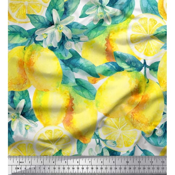Soimoi Crepe Silk Fabric Leaves, & Lemon Vegetable Fabric Prints By Yard 42 Inch Wide