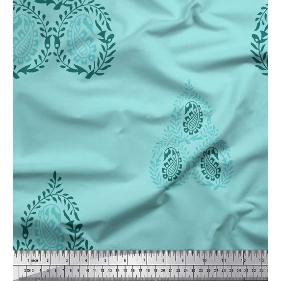 Soimoi Satin Silk Fabric Leaves & Paisley Block Print Fabric by The Yard 42 Inch Wide
