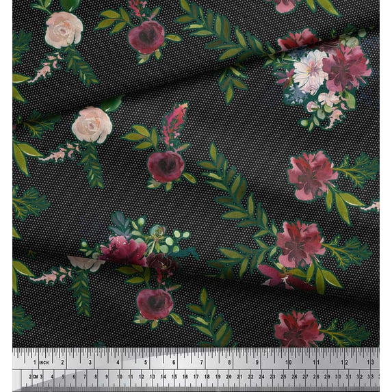 Soimoi Crepe Silk Fabric Leaves & Ranunculus Floral Print Fabric by the Yard 42 Inch Wide