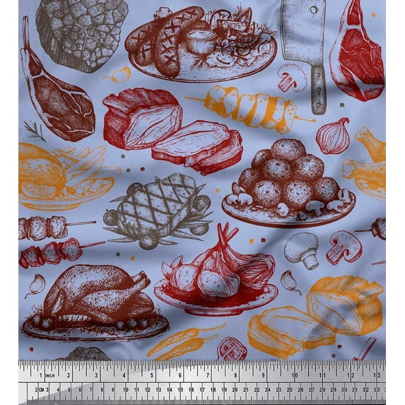 Soimoi Crepe Silk Fabric Non Veg Dishes & Bread Food Print Fabric by Yard 42 Inch Wide
