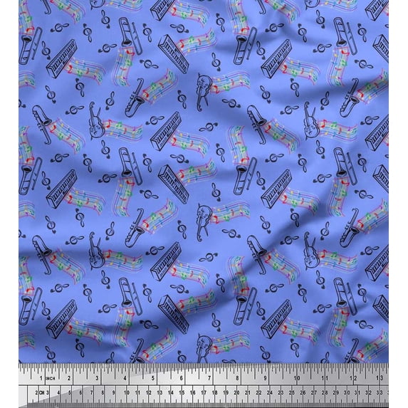 Soimoi Crepe Silk Fabric Notes,Piano & Guitar Musical Instrument Print Sewing Fabric Yard 42 Inch Wide