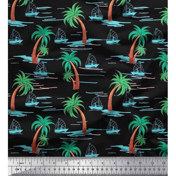 Soimoi Crepe Silk Fabric Palm Tree & Sailboat Beach Printed Fabric 1 Yard 42 Inch Wide
