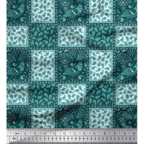 Soimoi Crepe Silk Fabric Peacock,Check & Paisley Patchwork Print Fabric by Yard 42 Inch Wide