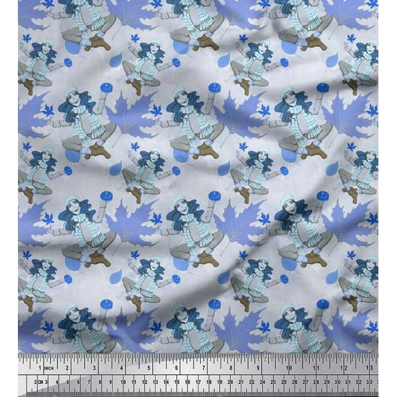 Soimoi Crepe Silk Fabric Pumpkin,Autumn Leaves & Girl Winter Theme Fabric Prints By Yard 42 Inch Wide