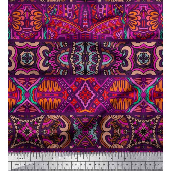 Soimoi Crepe Silk Fabric Stripe & Floral Kaleidoscope Print Fabric by Yard 42 Inch Wide