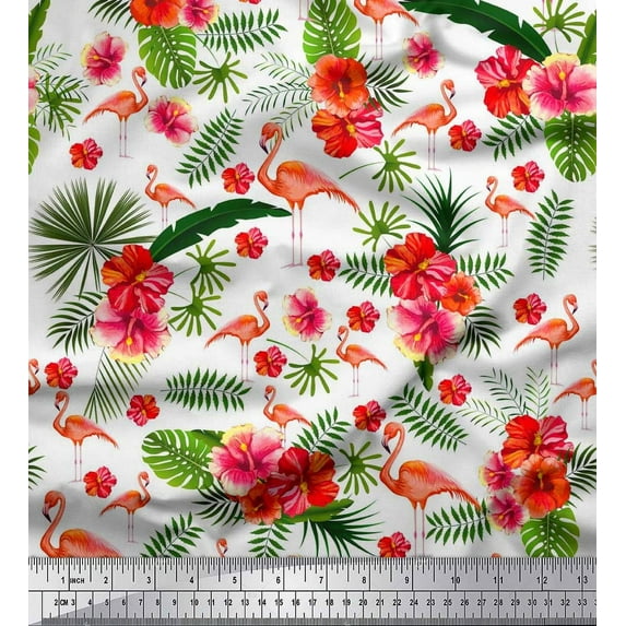 Soimoi Crepe Silk Fabric Tropical Leaves,Floral & Flamingo Bird Decor Fabric Printed Yard 42 Inch Wide