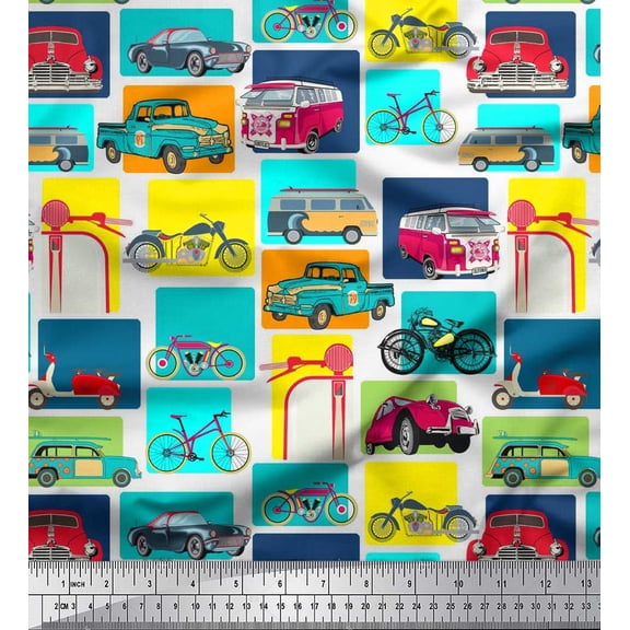 Soimoi Crepe Silk Fabric Vehicles Patchwork Print Sewing Fabric Yard 42 Inch Wide