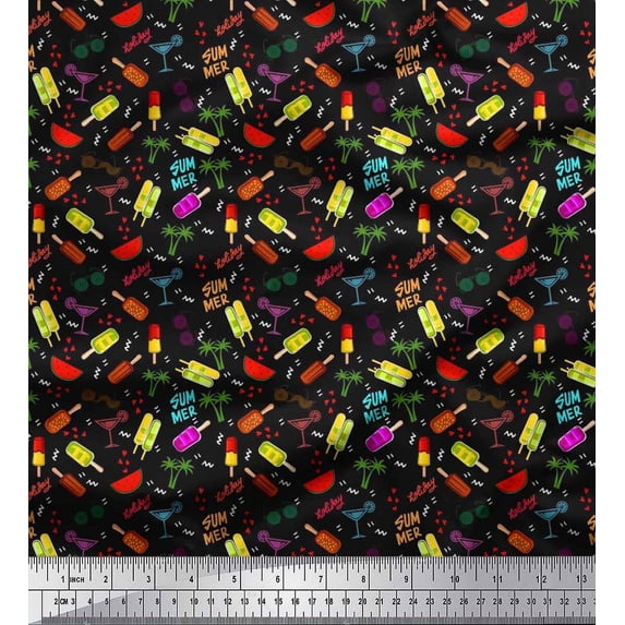 Soimoi Crepe Silk Fabric Watermelon,Ice Cream & Cocktail Summer Designs Printed Fabric 1 Yard 42 Inch Wide
