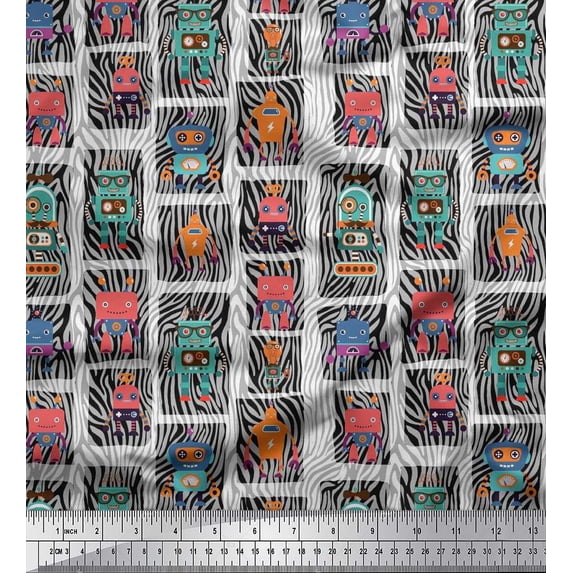 Soimoi Crepe Silk Fabric Woodgrain Texture & Cartoon Machine Hardware Print Sewing Fabric Yard 42 Inch Wide