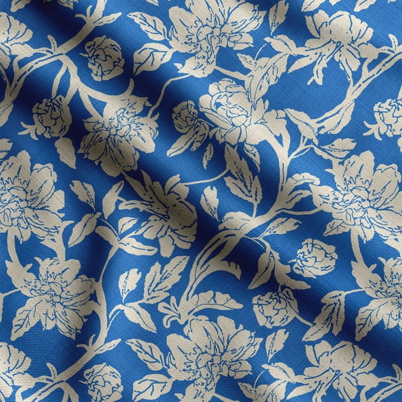 Soimoi Floral Print, Poly Taffeta Fabric, Decor Sewing Fabric by The Yard 56 Inch Wide, Decorative Fabric for Outdoor Upholstery, Umbrellas and Home Accents, Blue & Beige