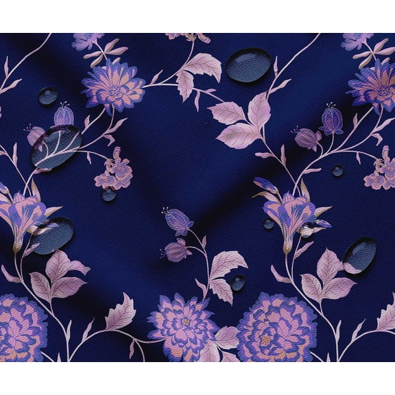 Soimoi Floral Theme Waterproof Fabric | Outdoor Material by the Yard | Tear-Resistant, UV Safe | Great for Bags, Rainwear, Covers & Curtains, Awning Cover Cloth - Blue
