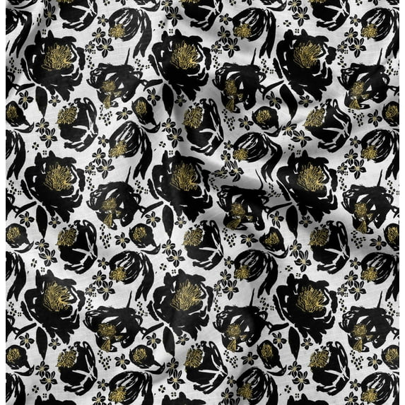 Soimoi Florals Print, Silk Fabric, Decor Sewing Fabric by The Yard 42 Inch Wide,Decorative Fabric for Shirts Suits Ties, Black And White