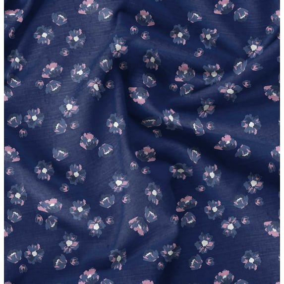 Soimoi Florals Printed, Cotton Satin Spandex, Sewing Fabric by The Yard 54 Inch Wide, Decorative Fabric for Dresses and Home Accents, Dark Blue