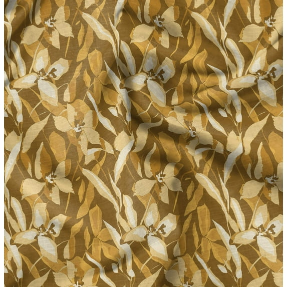 Soimoi Florals Printed, Japan Crepe SatinFabric, by The Yard 54 Inch Wide, Decorative Sewing Fabric for Dresses Kimonos Gowns, Dark Mustard