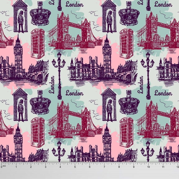 Soimoi Georgette Sewing Fabric 44 Inches Wide London Theme Architectural Print Material By The Yard - Pink