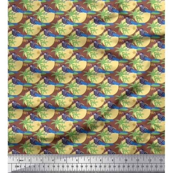 Soimoi Georgette Viscose Fabric Bird,Palm Tree & Sun Nature Printed Craft Fabric by The Yard 42 Inch Wide