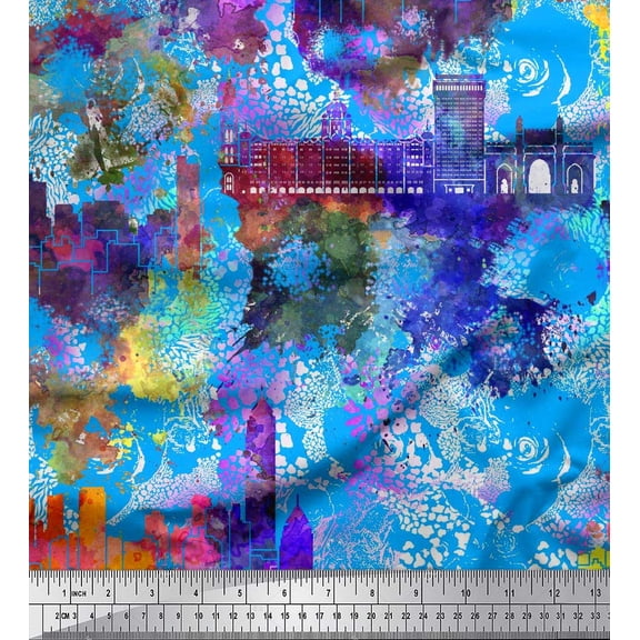 Soimoi Georgette Viscose Fabric Brush Stroke & Sketch Monuments Architectural Print Sewing Fabric Yard 42 Inch Wide