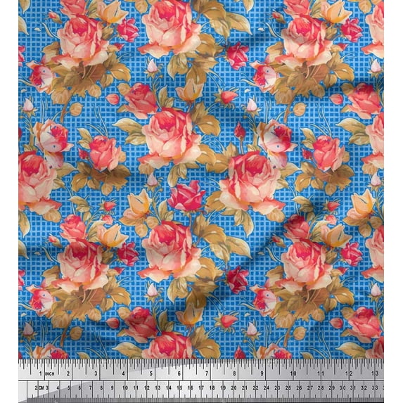 Soimoi Georgette Viscose Fabric Check,Leaves & Rose Floral Fabric Prints By Yard 42 Inch Wide
