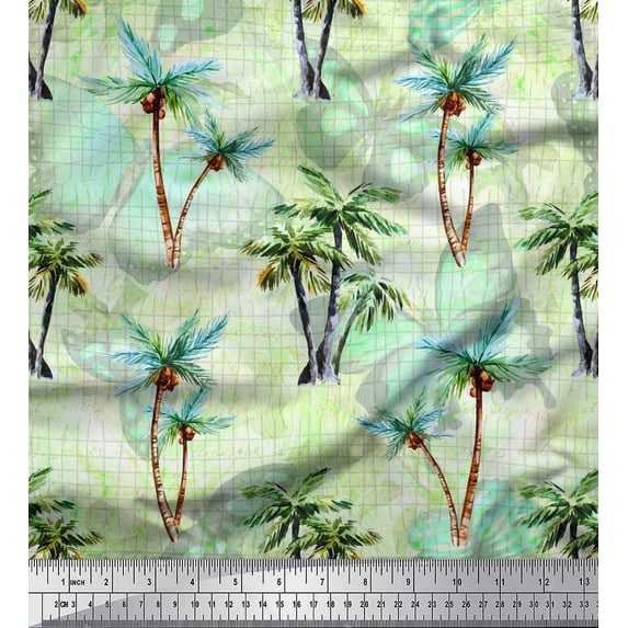 Soimoi Georgette Viscose Fabric Check,Text & Coconut Tree Printed Craft Fabric by The Yard 42 Inch Wide
