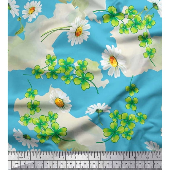 Soimoi Georgette Viscose Fabric Clover Leaves & Daisy Floral Printed Fabric 1 Yard 42 Inch Wide