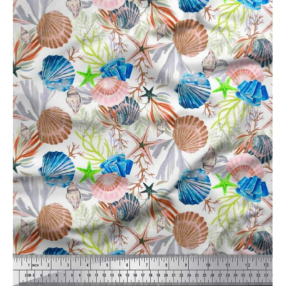 Soimoi Georgette Viscose Fabric Coral,Starfish & Sea Shell Ocean Printed Craft Fabric by The Yard 42 Inch Wide