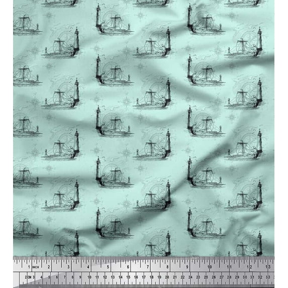 Soimoi Georgette Viscose Fabric Direction Compass,Lighthouse & Yacht Nautical Printed Fabric 1 Yard 42 Inch Wide