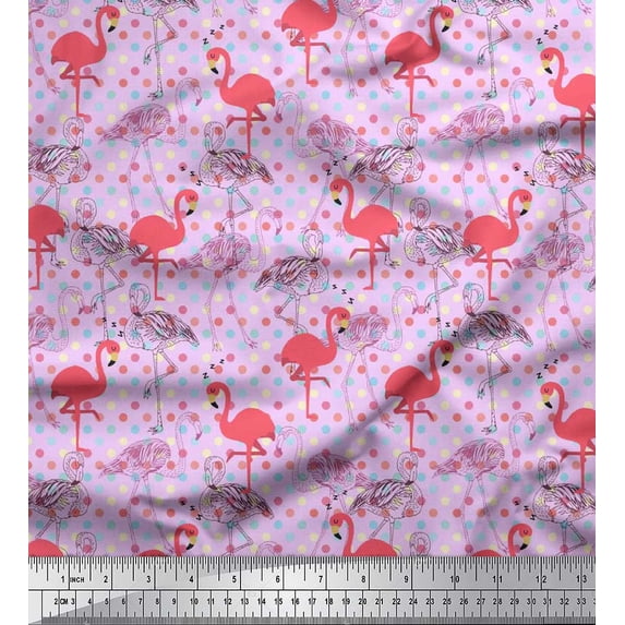 Soimoi Georgette Viscose Fabric Dots & Flamingo Bird Printed Craft Fabric by The Yard 42 Inch Wide