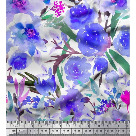 Soimoi Georgette Viscose Fabric Flower & Leaves Watercolor Print Sewing Fabric Yard 42 Inch Wide