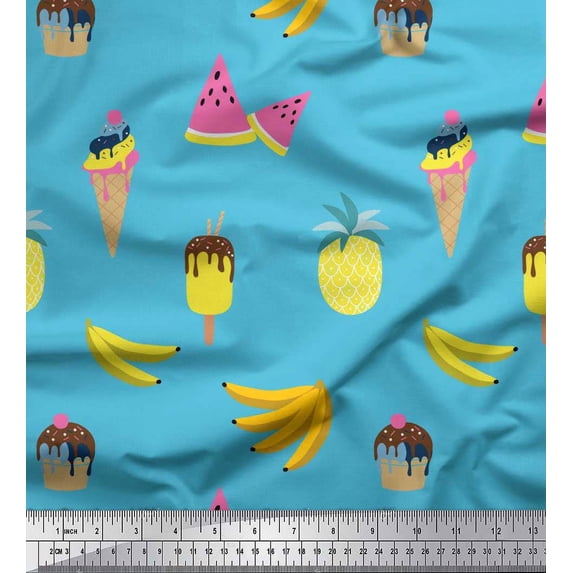 Soimoi Georgette Viscose Fabric Fruits,Cupcake & Ice Cream Food Print Fabric by The Yard 42 Inch Wide