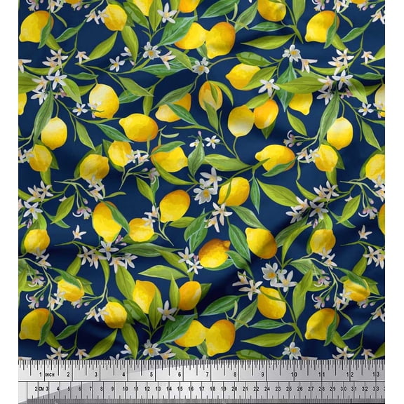Soimoi Georgette Viscose Fabric Leaves,Floral & Lemon Vegetable Printed Fabric 1 Yard 42 Inch Wide