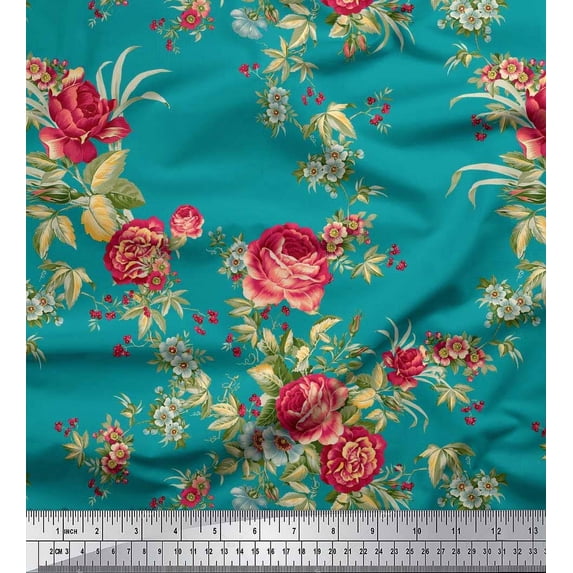 Soimoi Georgette Viscose Fabric Leaves,Red Berries & Rose Floral Print Fabric by The Yard 42 Inch Wide