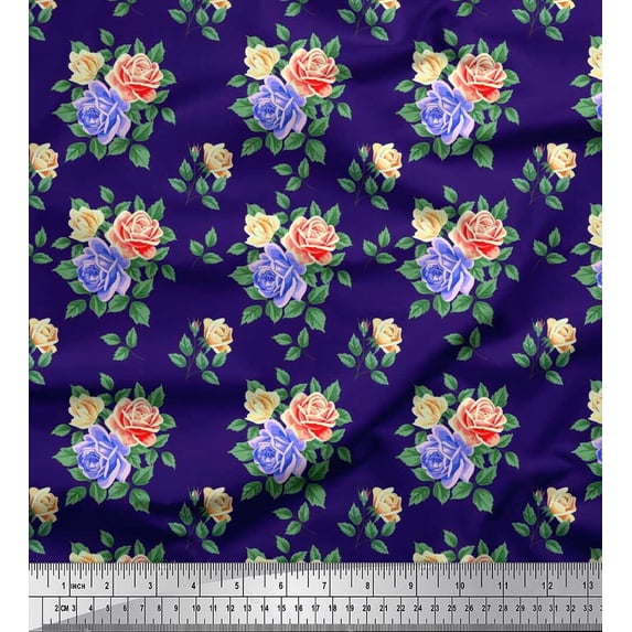 Soimoi Georgette Viscose Fabric Leaves, & Rose Floral Printed Craft Fabric by The Yard 42 Inch Wide