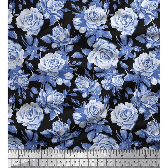 Soimoi Georgette Viscose Fabric Leaves & Rose Flower Printed Fabric 1 Yard 42 Inch Wide