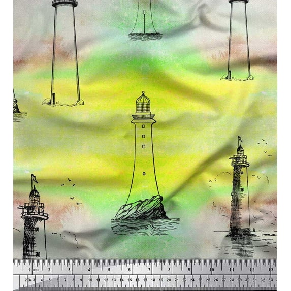 Soimoi Georgette Viscose Fabric Lighthouse Nautical Print Fabric by Yard 42 Inch Wide