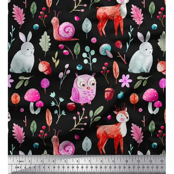Soimoi Georgette Viscose Fabric Mushroom,Animals & Owl Kids Decor Fabric Printed Yard 42 Inch Wide