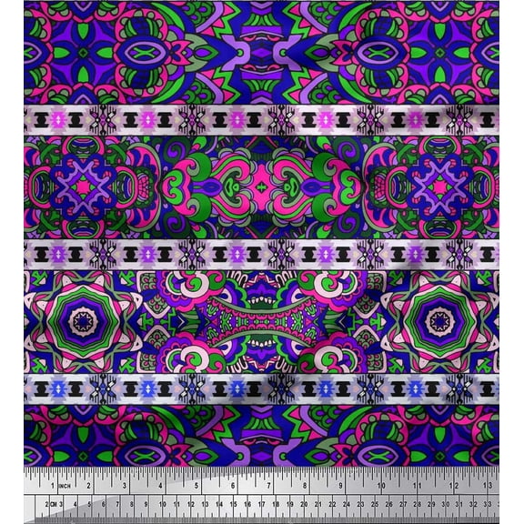 Soimoi Georgette Viscose Fabric Stripe,Moroccan & Mandala Kaleidoscope Printed Fabric 1 Yard 42 Inch Wide