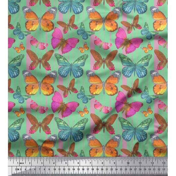 Soimoi Georgette Viscose Fabric Stripes & Butterfly Print Fabric by Yard 42 Inch Wide