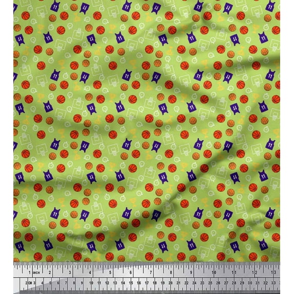 Soimoi Georgette Viscose Fabric Trophy,Timer Clock & Basketball Sports Fabric Prints by Yard 42 Inch Wide