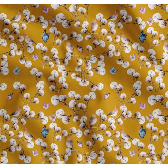 Soimoi Gold Cotton Cambric Fabric Butterfly,Robin & Cotton Ball Floral Print Fabric by Yard 56 Inch Wide