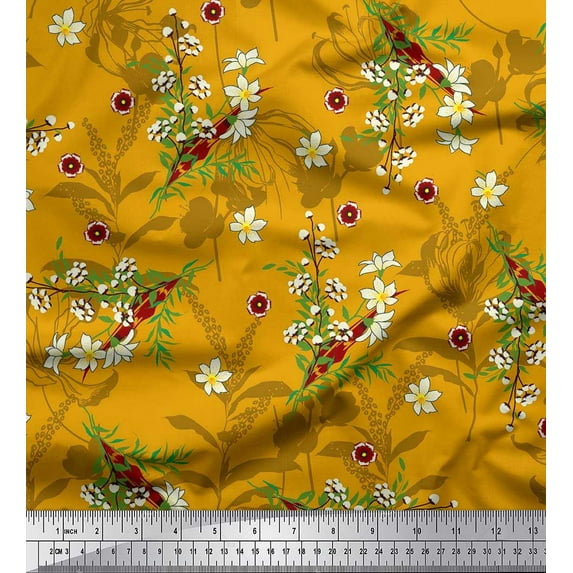 Soimoi Gold Cotton Cambric Fabric Leaves,Primrose & Cottonball Flower Print Sewing Fabric BTY 56 Inch Wide