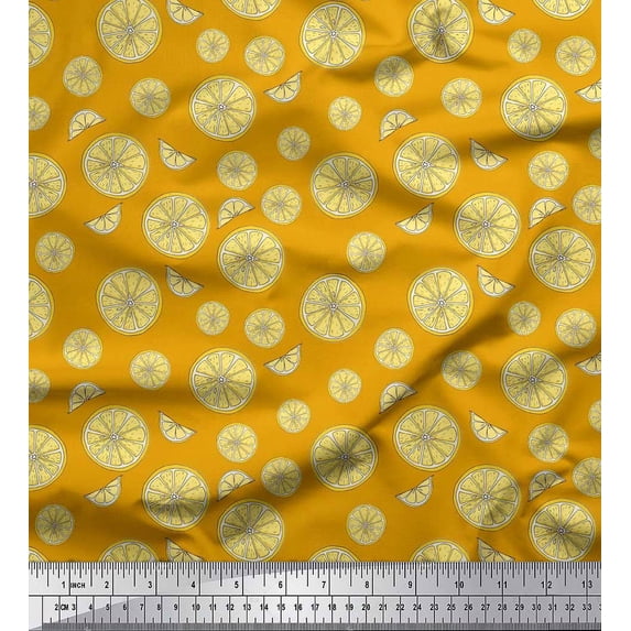 Soimoi Gold Cotton Duck Fabric Lemon Slice Vegetable Printed Fabric 1 Yard 56 Inch Wide