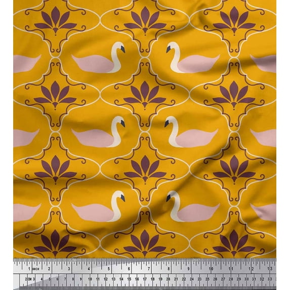 Soimoi Gold Georgette Viscose Fabric Swan & Moroccan Damask Printed Craft Fabric by the Yard 42 Inch Wide